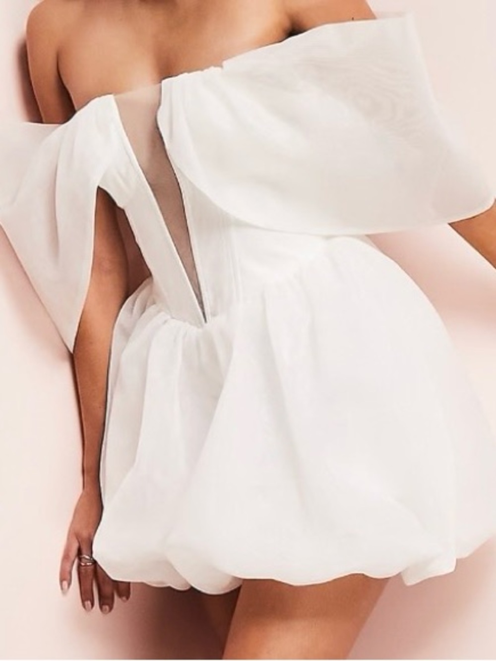 ASOS LUXE wedding mesh plunge front Bardot organza hem mini dress